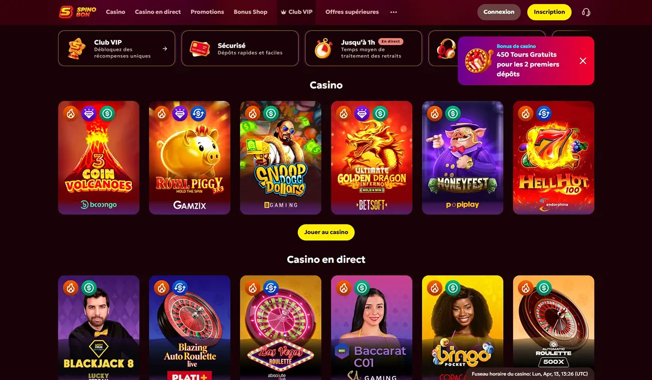 Page d'accueil du Spinobon Casino