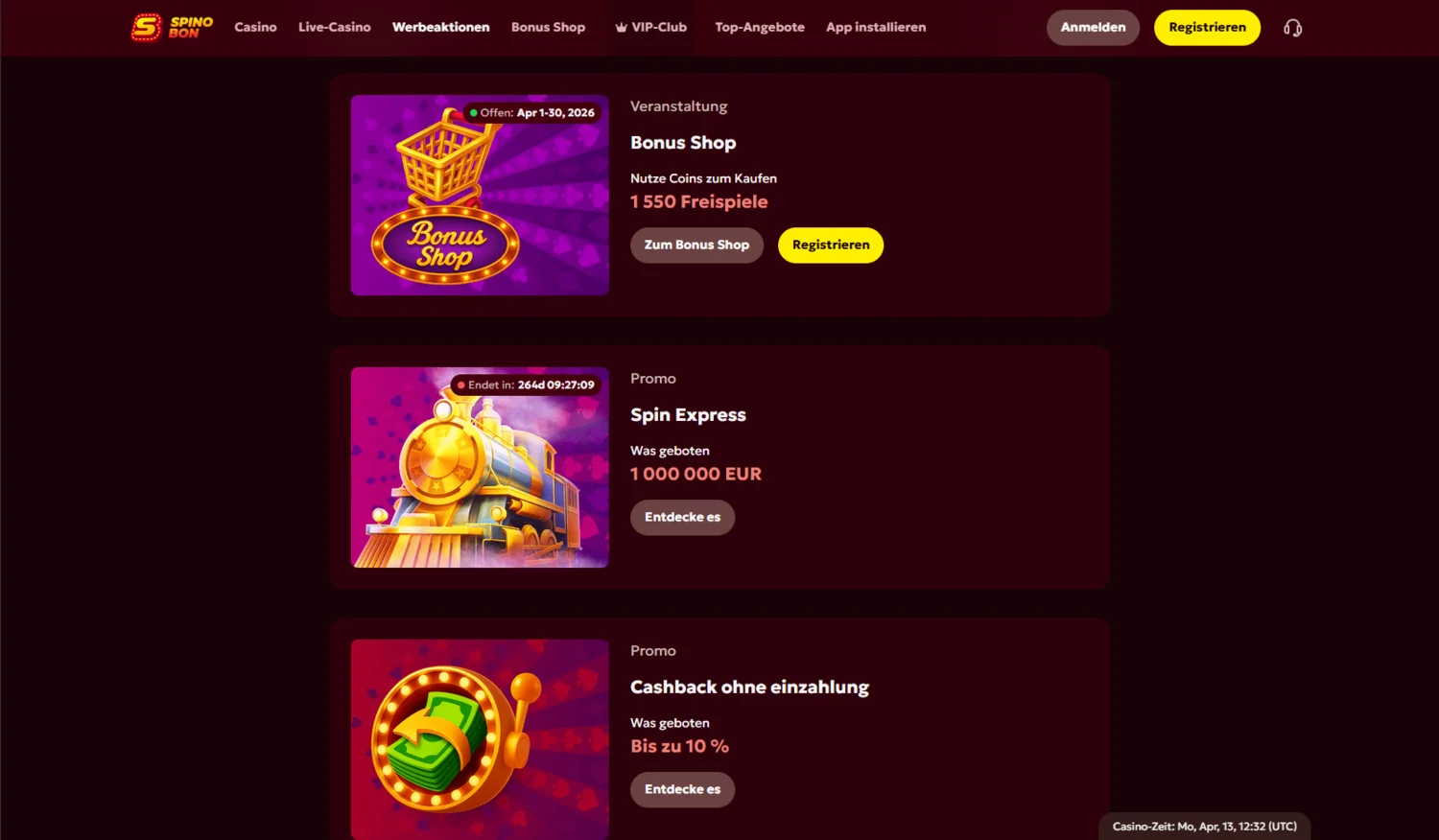 Spinobon Casino Boni und Aktionen