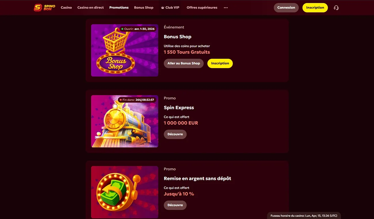 Bonus et promotions du Spinobon Casino